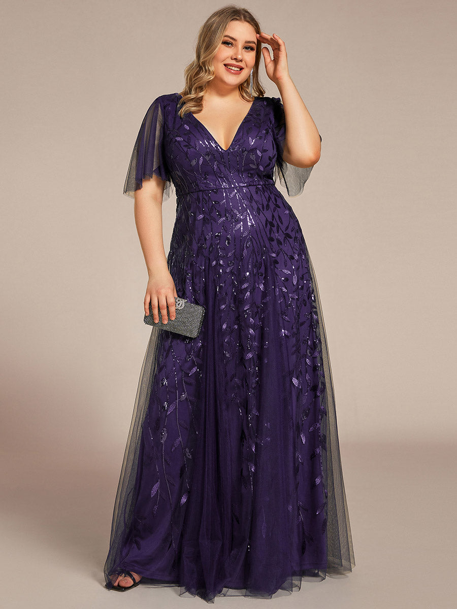 Color=Dark Purple | One Stop Shop Short Sleeve Ruffle Sequin Deep V-Neck A-Line Floor Length Evening Dresses-Dark Purple 40