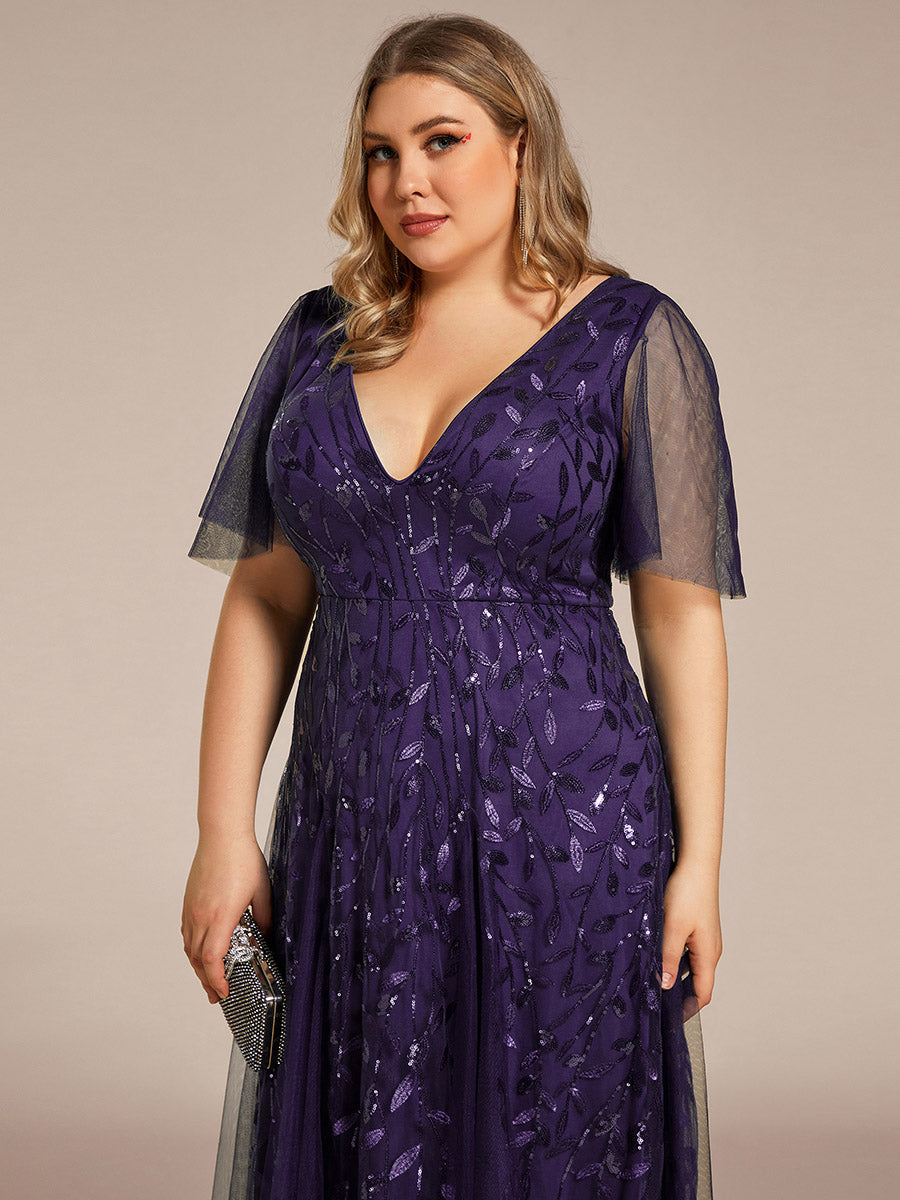 Color=Dark Purple | One Stop Shop Short Sleeve Ruffle Sequin Deep V-Neck A-Line Floor Length Evening Dresses-Dark Purple 38