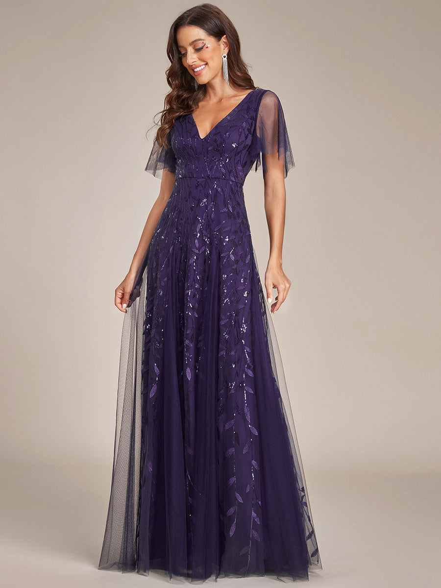 Color=Dark Purple | One Stop Shop Short Sleeve Ruffle Sequin Deep V-Neck A-Line Floor Length Evening Dresses-Dark Purple 31