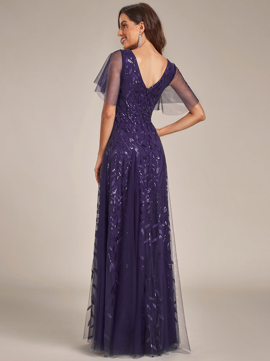 Color=Dark Purple | One Stop Shop Short Sleeve Ruffle Sequin Deep V-Neck A-Line Floor Length Evening Dresses-Dark Purple 32