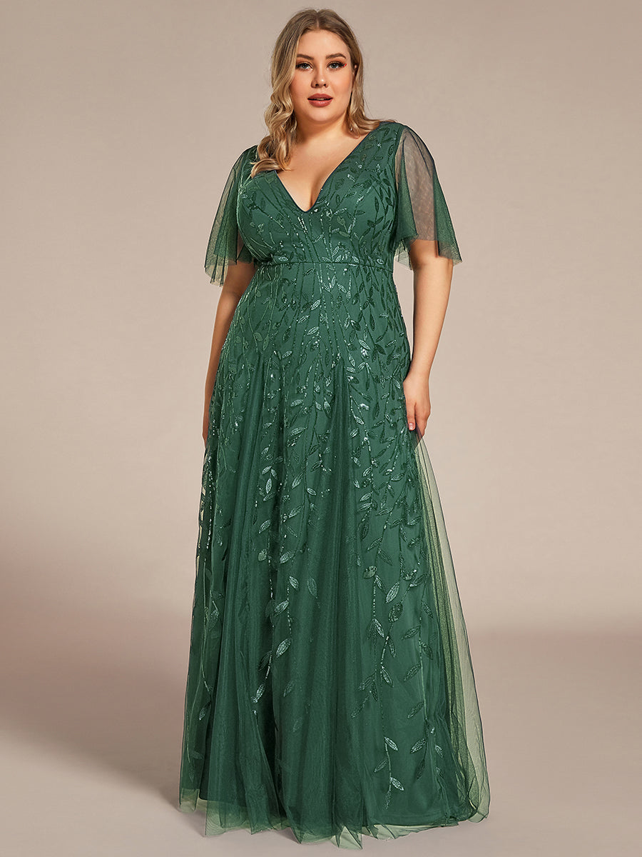 Color=Eucalyptus | One Stop Shop Short Sleeve Ruffle Sequin Deep V-Neck A-Line Floor Length Evening Dresses-Eucalyptus 46