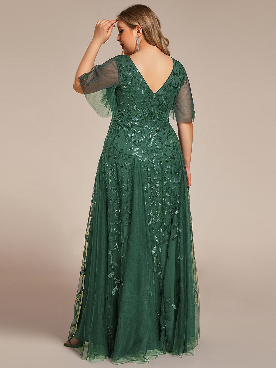 Color=Eucalyptus | One Stop Shop Short Sleeve Ruffle Sequin Deep V-Neck A-Line Floor Length Evening Dresses-Eucalyptus 47