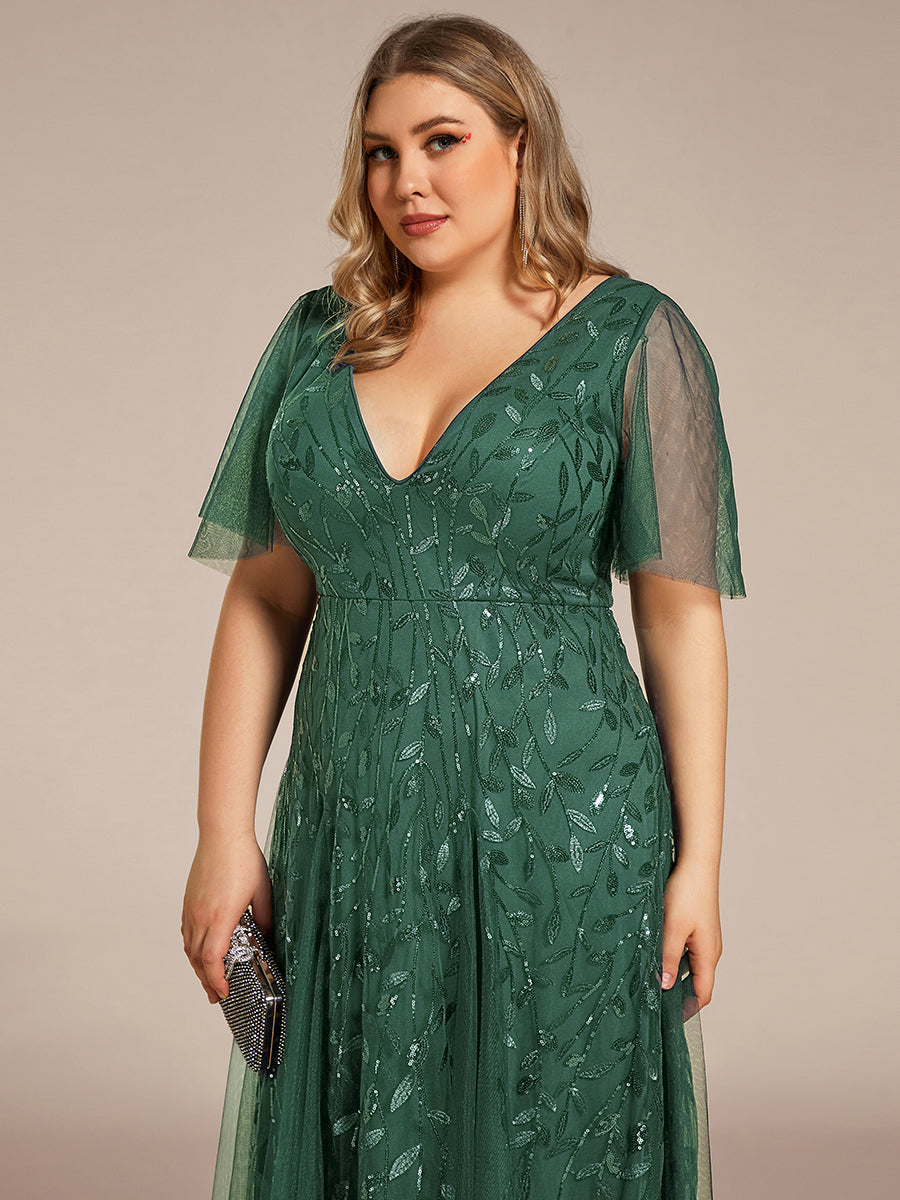 Color=Eucalyptus | One Stop Shop Short Sleeve Ruffle Sequin Deep V-Neck A-Line Floor Length Evening Dresses-Eucalyptus 48
