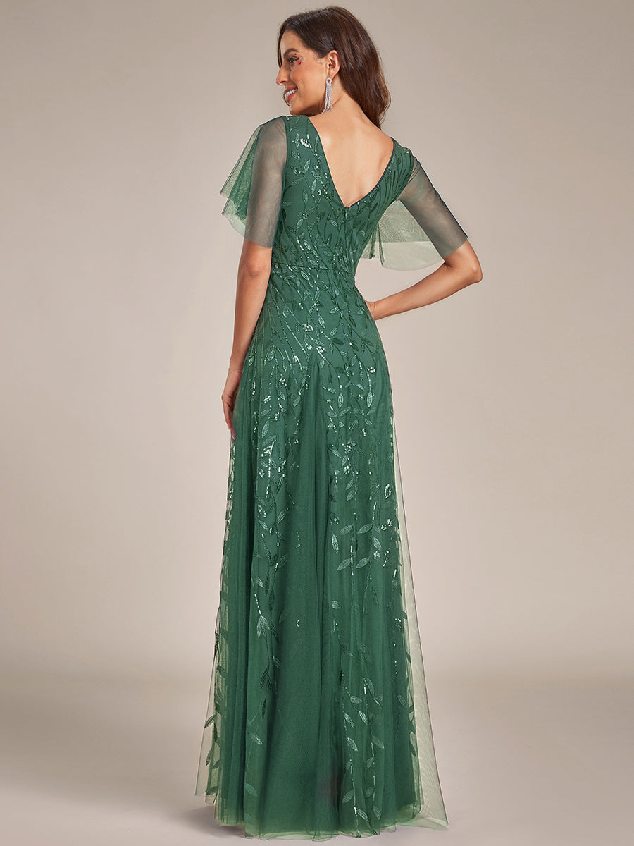 Color=Eucalyptus | One Stop Shop Short Sleeve Ruffle Sequin Deep V-Neck A-Line Floor Length Evening Dresses-Eucalyptus 42