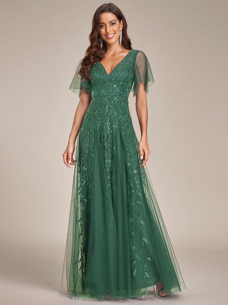 Color=Eucalyptus | One Stop Shop Short Sleeve Ruffle Sequin Deep V-Neck A-Line Floor Length Evening Dresses-Eucalyptus 44