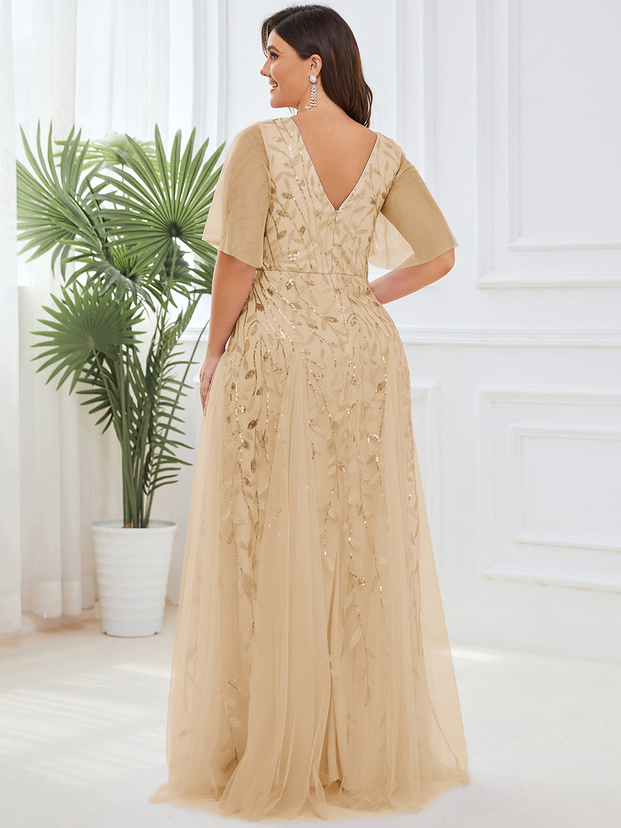 Color=Gold | One Stop Shop Short Sleeve Ruffle Sequin Deep V-Neck A-Line Floor Length Evening Dresses-Gold 57