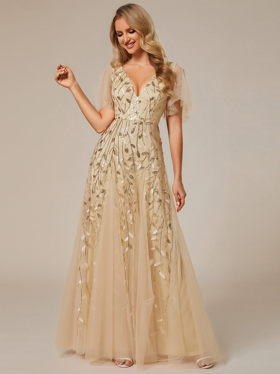 Color=Gold | One Stop Shop Short Sleeve Ruffle Sequin Deep V-Neck A-Line Floor Length Evening Dresses-Gold 54