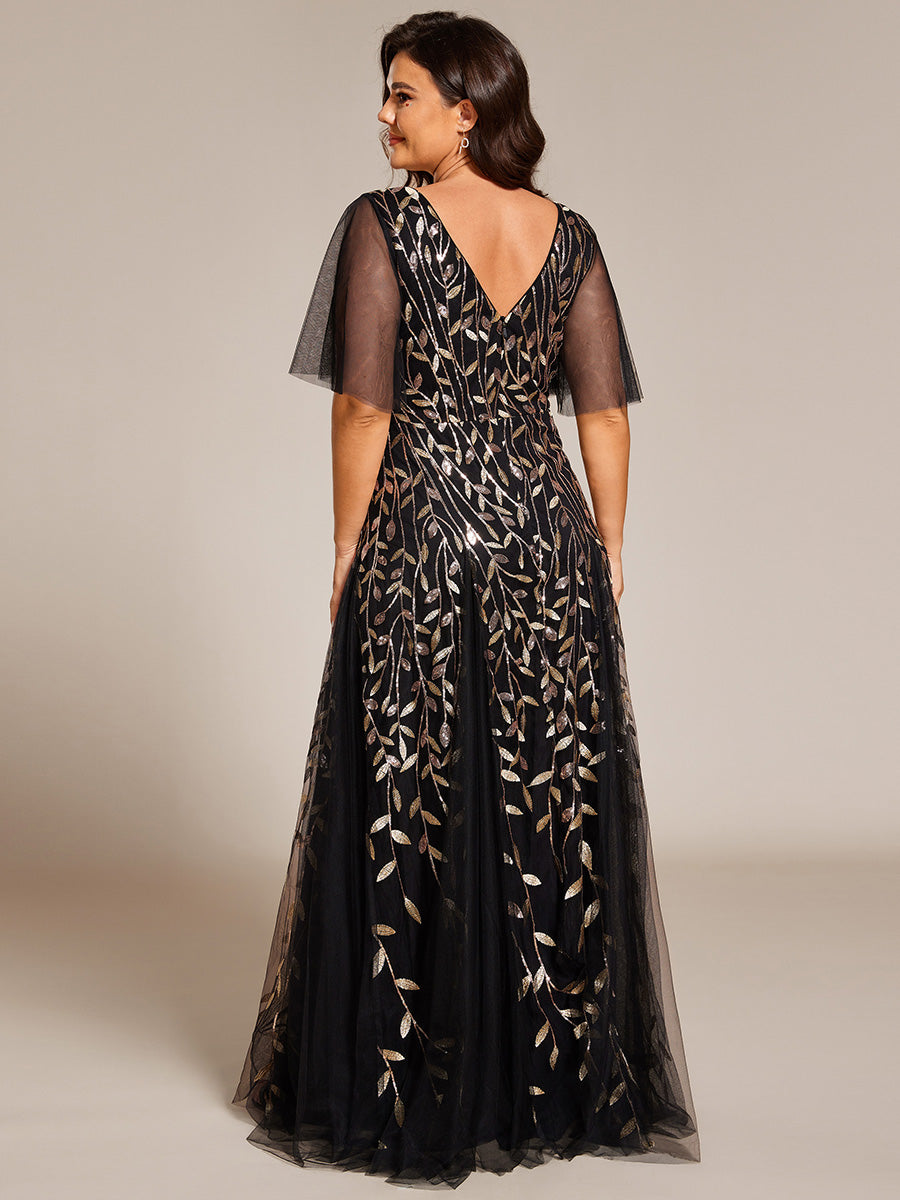 Color=Black Gold | One Stop Shop Short Sleeve Ruffle Sequin Deep V-Neck A-Line Floor Length Evening Dresses-Black Gold 67