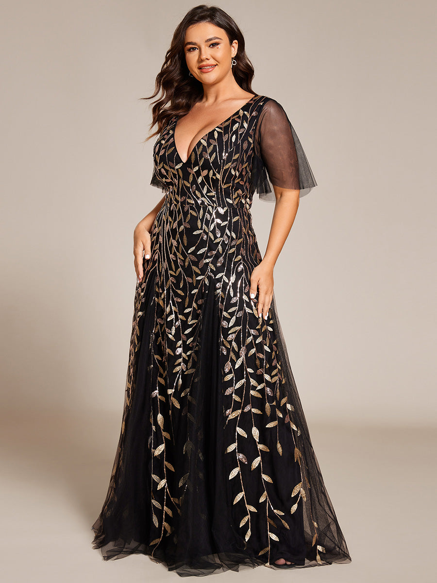 Color=Black Gold | One Stop Shop Short Sleeve Ruffle Sequin Deep V-Neck A-Line Floor Length Evening Dresses-Black Gold 69