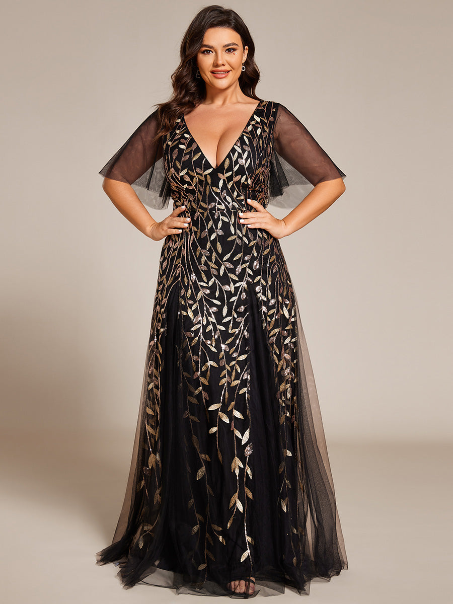 Color=Black Gold | One Stop Shop Short Sleeve Ruffle Sequin Deep V-Neck A-Line Floor Length Evening Dresses-Black Gold 70