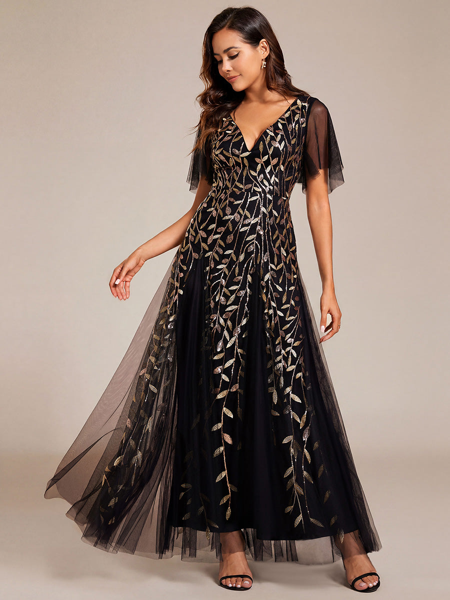 Color=Black Gold | One Stop Shop Short Sleeve Ruffle Sequin Deep V-Neck A-Line Floor Length Evening Dresses-Black Gold 9
