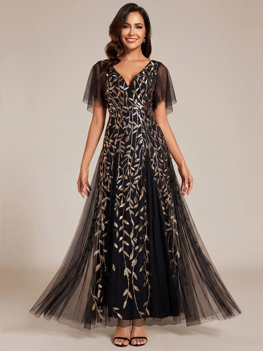 Color=Black Gold | One Stop Shop Short Sleeve Ruffle Sequin Deep V-Neck A-Line Floor Length Evening Dresses-Black Gold 10