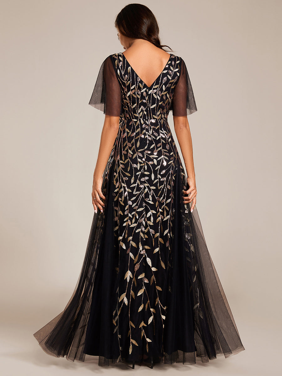 Color=Black Gold | One Stop Shop Short Sleeve Ruffle Sequin Deep V-Neck A-Line Floor Length Evening Dresses-Black Gold 62