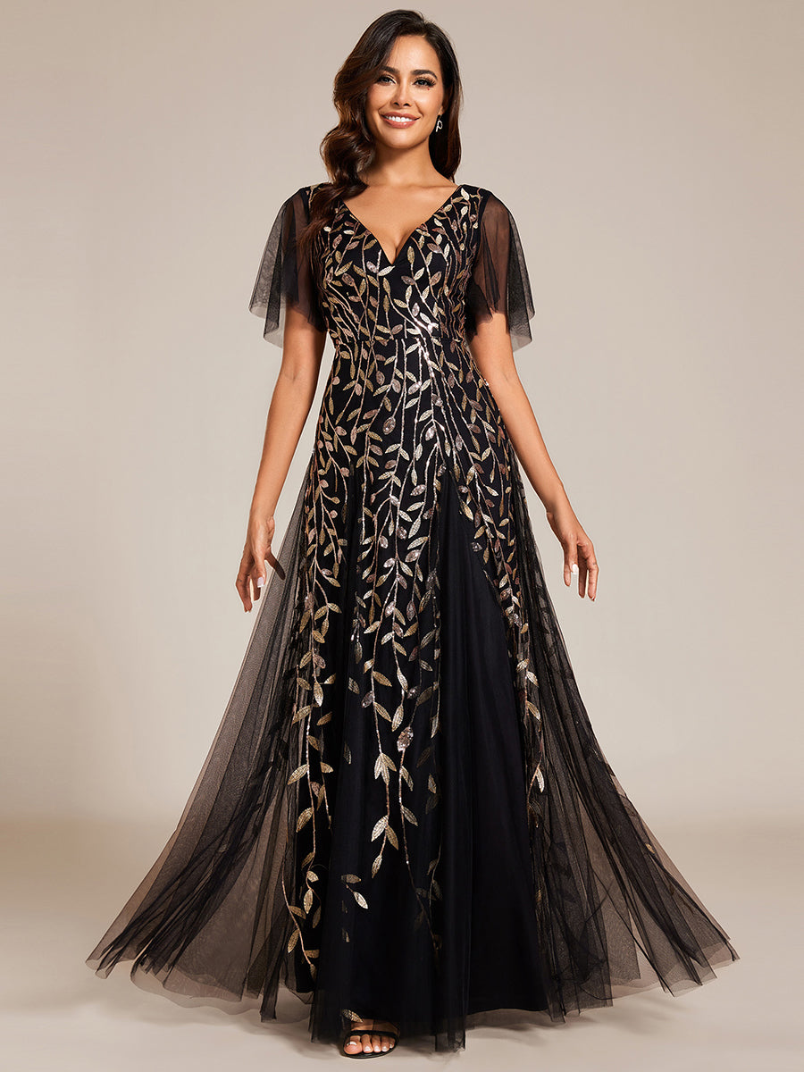 Color=Black Gold | One Stop Shop Short Sleeve Ruffle Sequin Deep V-Neck A-Line Floor Length Evening Dresses-Black Gold 64