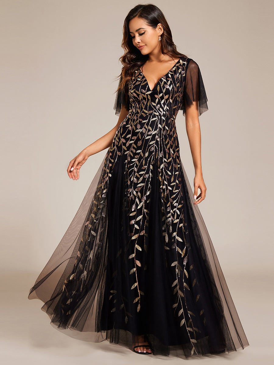 Color=Black Gold | One Stop Shop Short Sleeve Ruffle Sequin Deep V-Neck A-Line Floor Length Evening Dresses-Black Gold 65