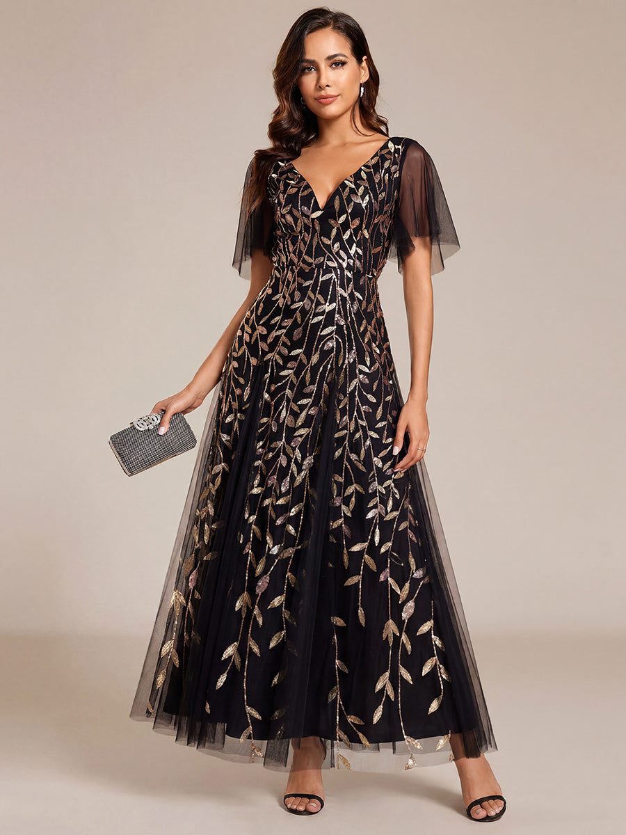 Color=Black Gold | One Stop Shop Short Sleeve Ruffle Sequin Deep V-Neck A-Line Floor Length Evening Dresses-Black Gold 7