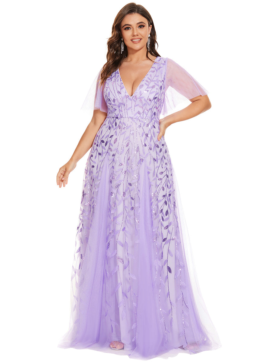Color=Lavender | One Stop Shop Short Sleeve Ruffle Sequin Deep V-Neck A-Line Floor Length Evening Dresses-Lavender 76