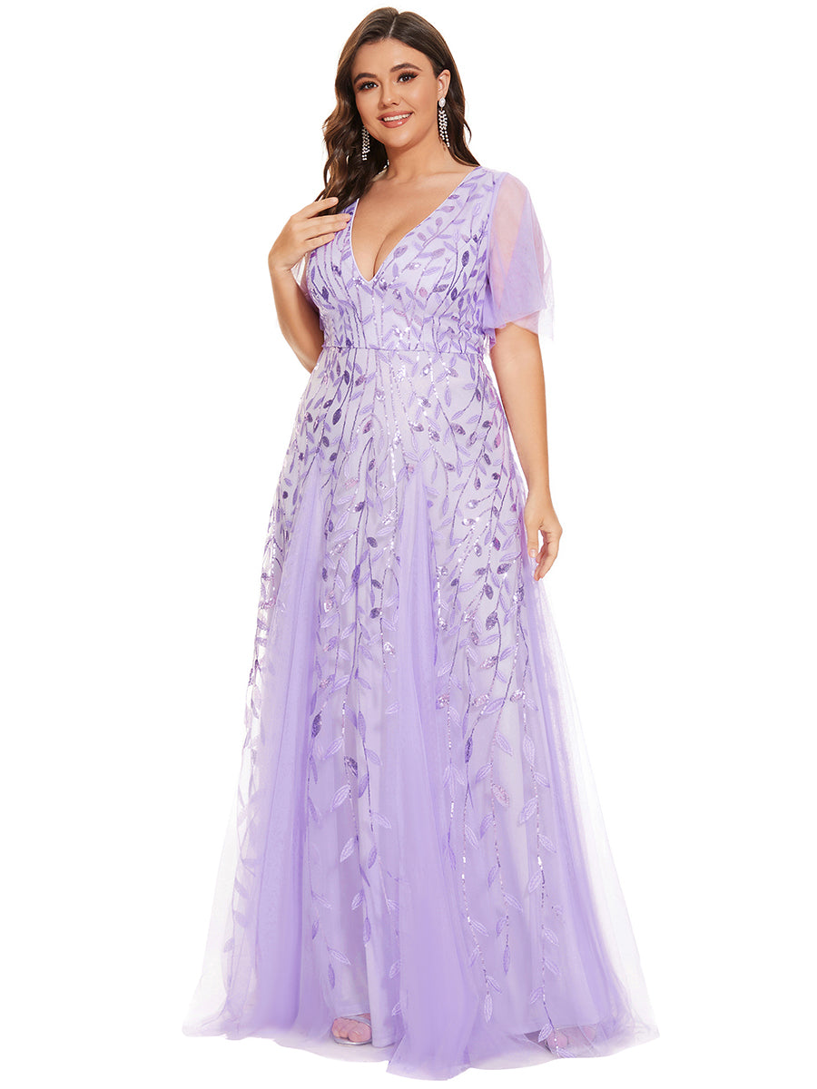 Color=Lavender | One Stop Shop Short Sleeve Ruffle Sequin Deep V-Neck A-Line Floor Length Evening Dresses-Lavender 80