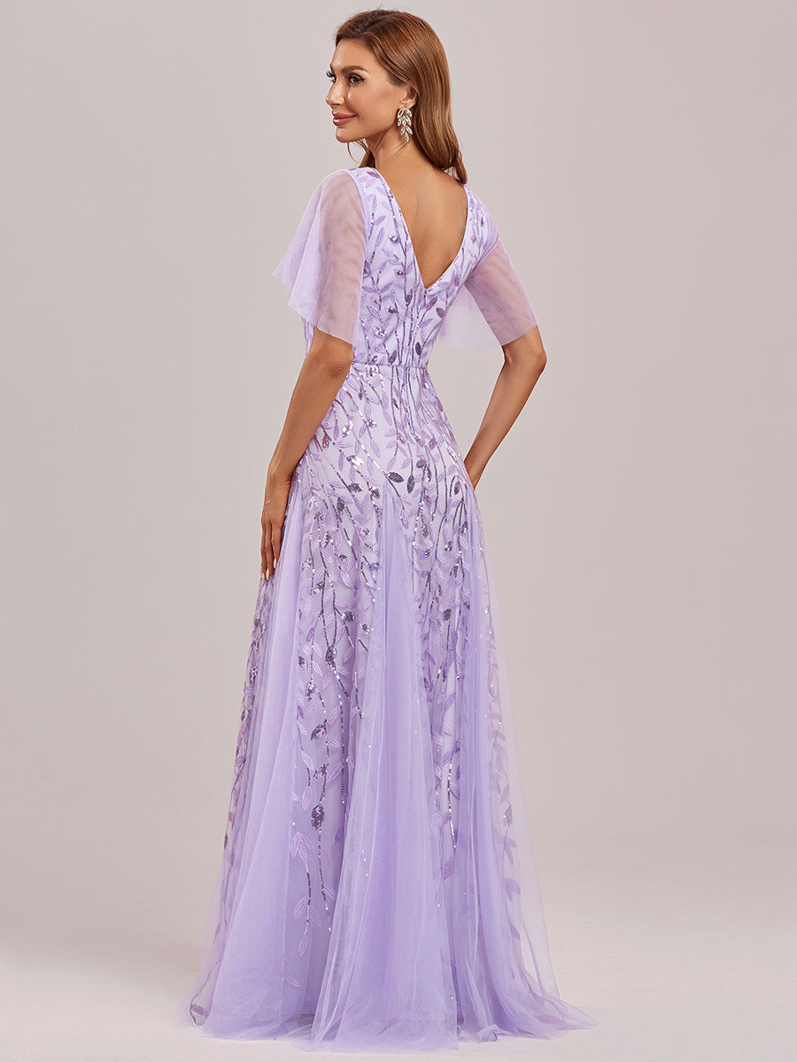 Color=Lavender | One Stop Shop Short Sleeve Ruffle Sequin Deep V-Neck A-Line Floor Length Evening Dresses-Lavender 72