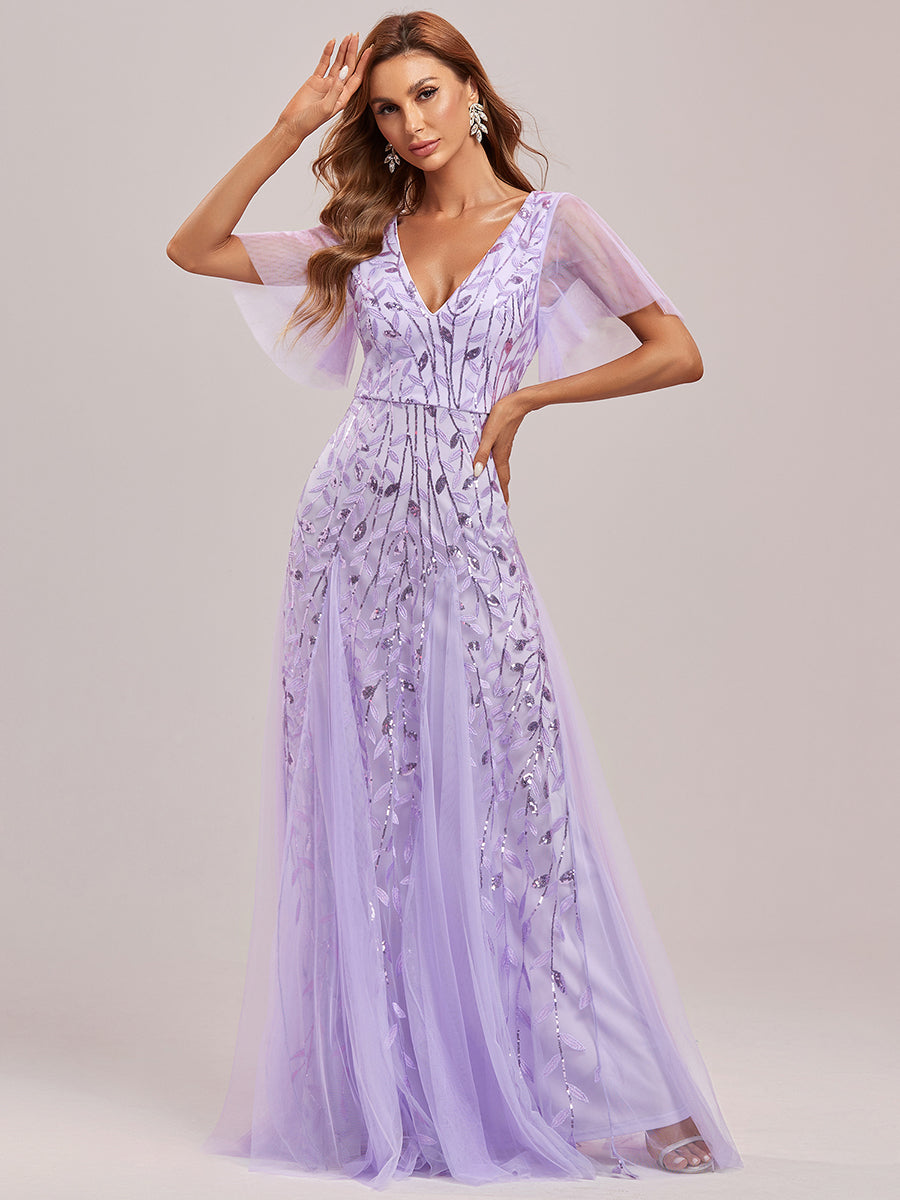 Color=Lavender | One Stop Shop Short Sleeve Ruffle Sequin Deep V-Neck A-Line Floor Length Evening Dresses-Lavender 74