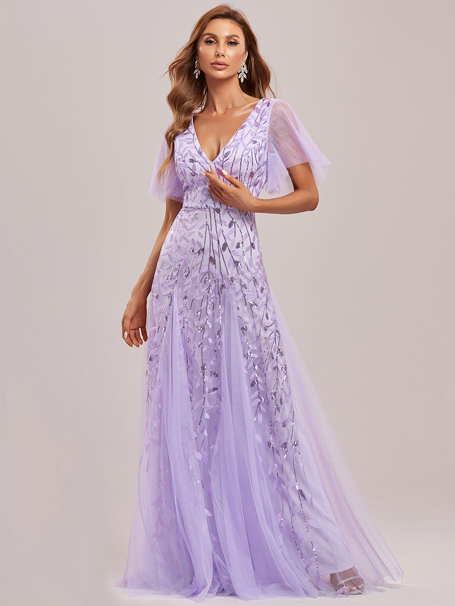 Color=Lavender | One Stop Shop Short Sleeve Ruffle Sequin Deep V-Neck A-Line Floor Length Evening Dresses-Lavender 75