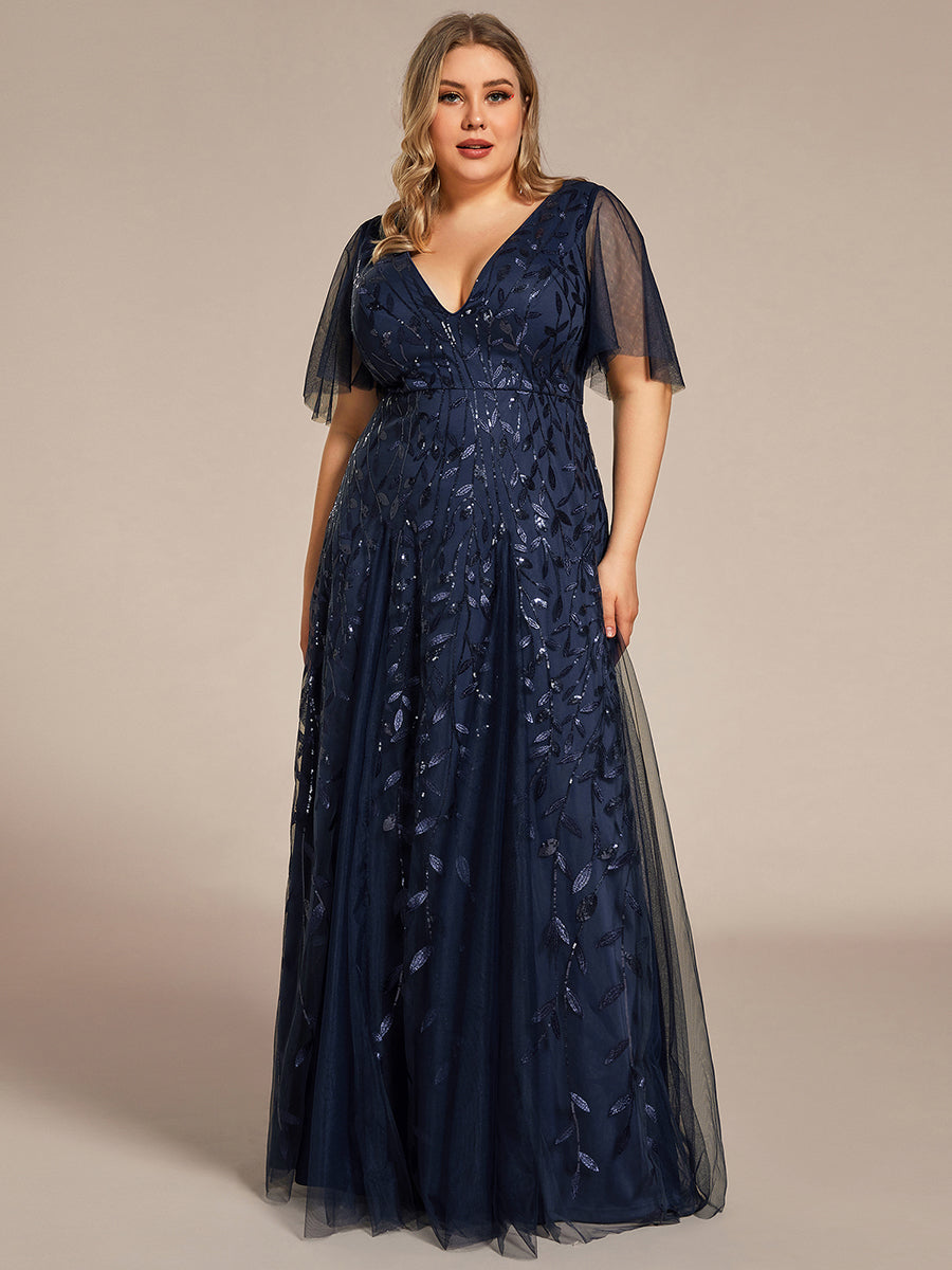 Color=Navy Blue | One Stop Shop Short Sleeve Ruffle Sequin Deep V-Neck A-Line Floor Length Evening Dresses-Navy Blue 86