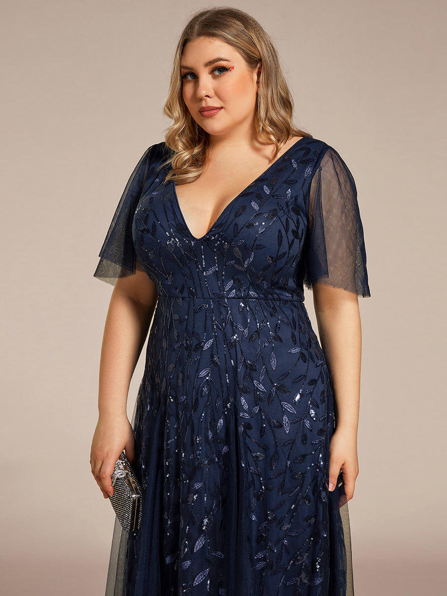 Color=Navy Blue | One Stop Shop Short Sleeve Ruffle Sequin Deep V-Neck A-Line Floor Length Evening Dresses-Navy Blue 88