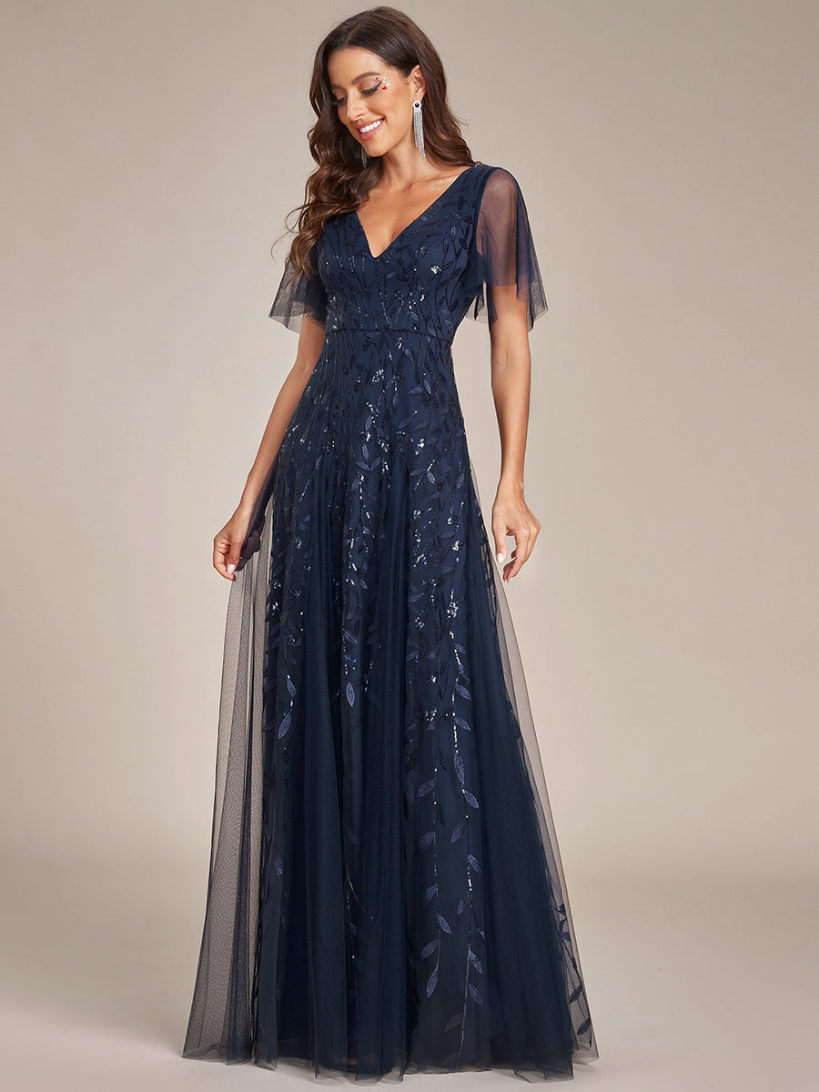 Color=Navy Blue | One Stop Shop Short Sleeve Ruffle Sequin Deep V-Neck A-Line Floor Length Evening Dresses-Navy Blue 81