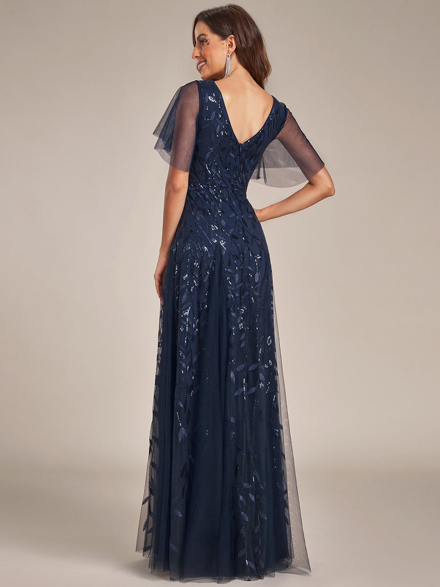 Color=Navy Blue | One Stop Shop Short Sleeve Ruffle Sequin Deep V-Neck A-Line Floor Length Evening Dresses-Navy Blue 82