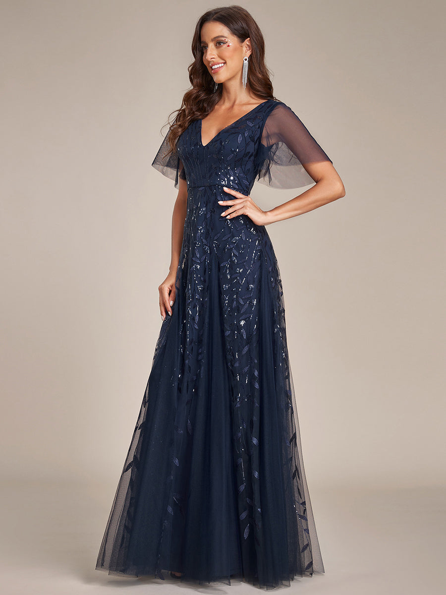 Color=Navy Blue | One Stop Shop Short Sleeve Ruffle Sequin Deep V-Neck A-Line Floor Length Evening Dresses-Navy Blue 85