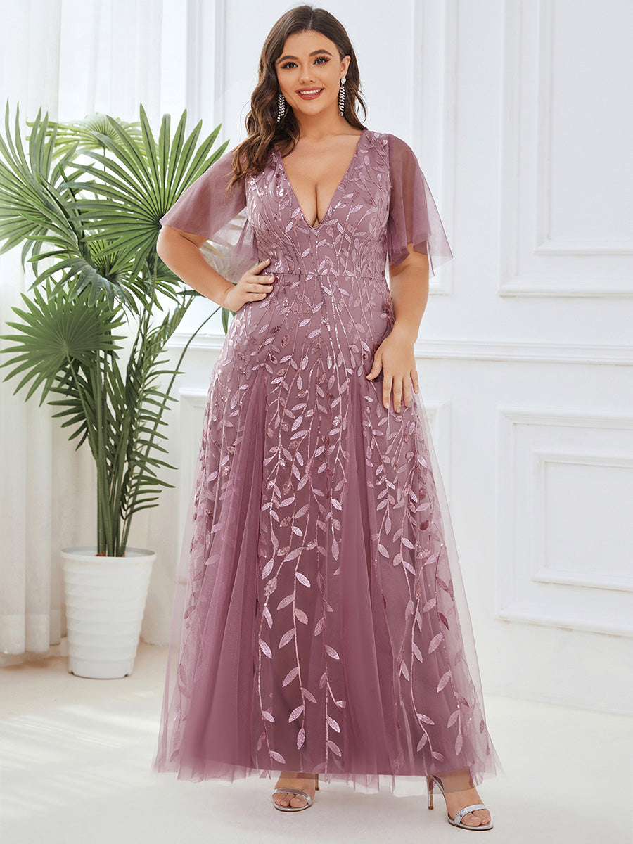 Color=Purple Orchid | One Stop Shop Short Sleeve Ruffle Sequin Deep V-Neck A-Line Floor Length Evening Dresses-Purple Orchid 96