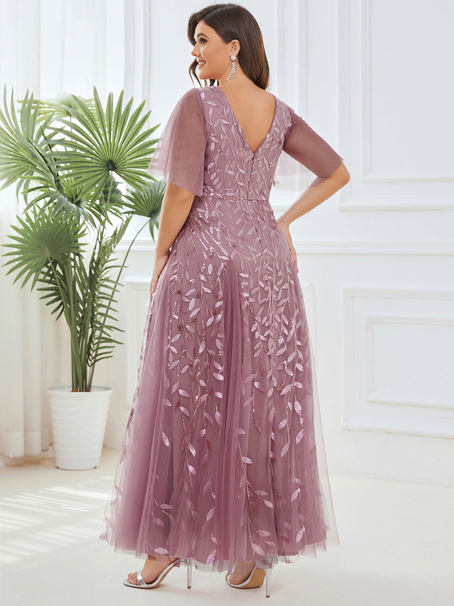 Color=Purple Orchid | One Stop Shop Short Sleeve Ruffle Sequin Deep V-Neck A-Line Floor Length Evening Dresses-Purple Orchid 97