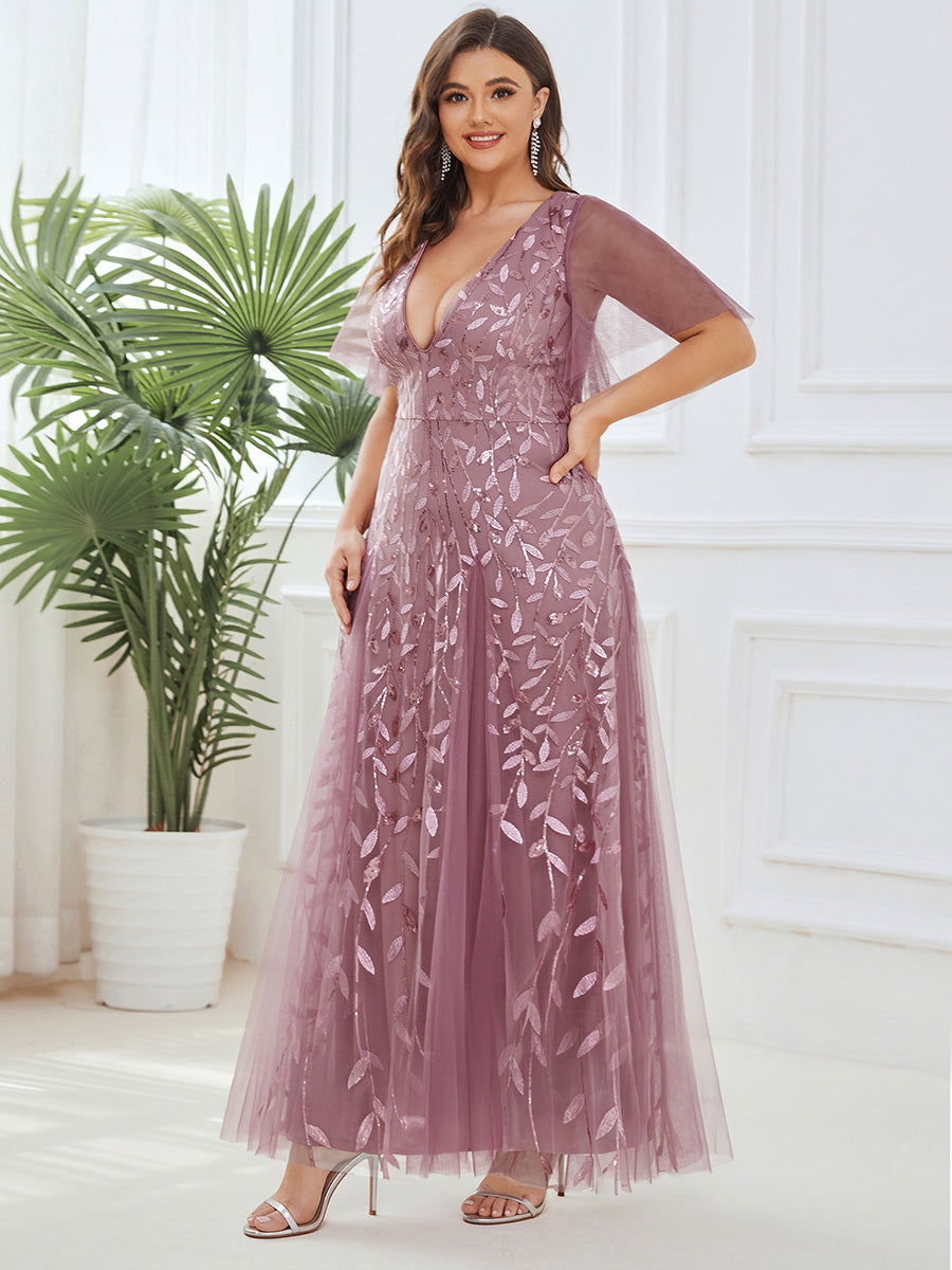 Color=Purple Orchid | One Stop Shop Short Sleeve Ruffle Sequin Deep V-Neck A-Line Floor Length Evening Dresses-Purple Orchid 99