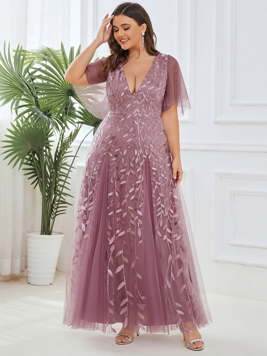 Color=Purple Orchid | One Stop Shop Short Sleeve Ruffle Sequin Deep V-Neck A-Line Floor Length Evening Dresses-Purple Orchid 100
