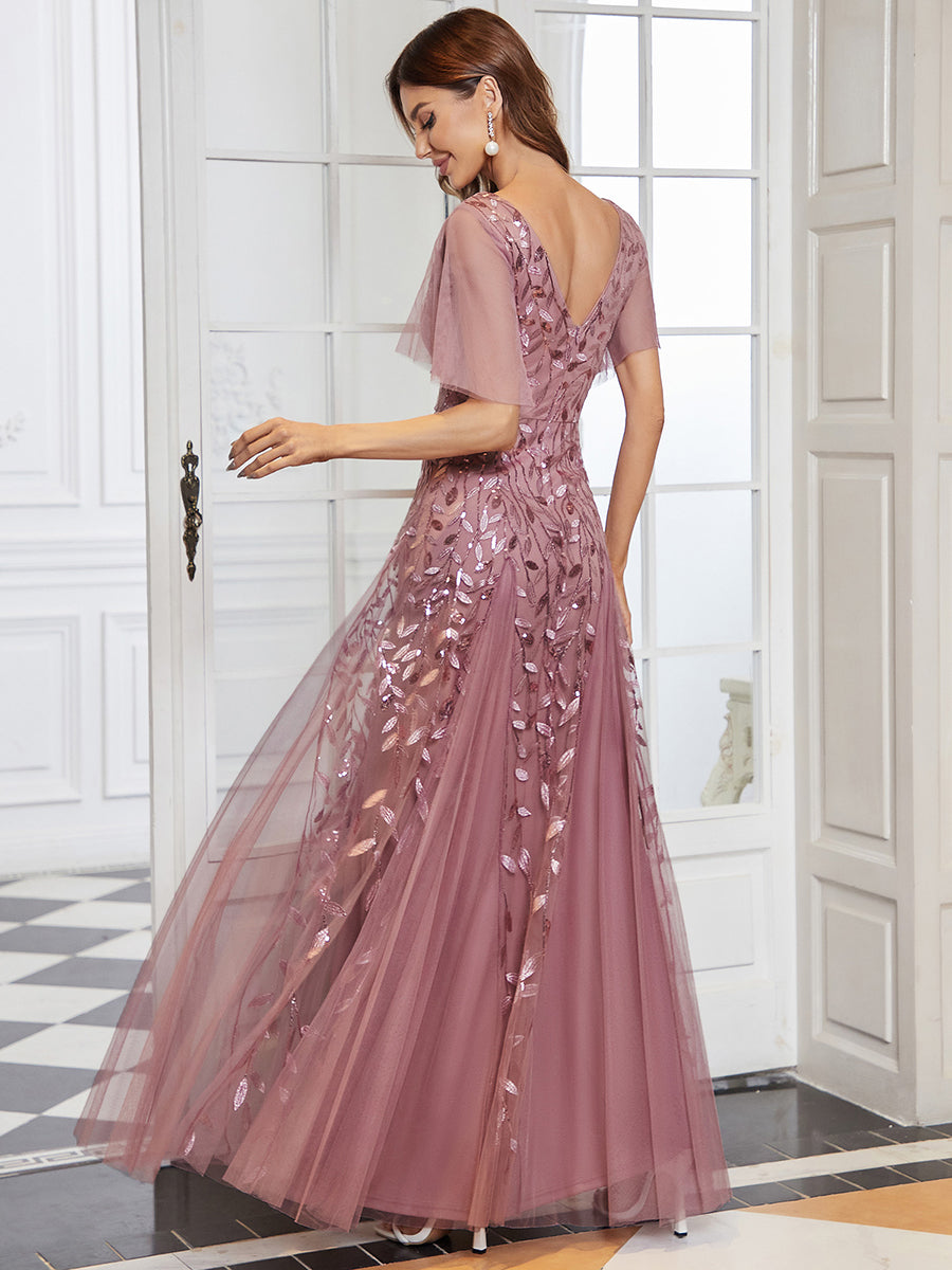 Color=Purple Orchid | One Stop Shop Short Sleeve Ruffle Sequin Deep V-Neck A-Line Floor Length Evening Dresses-Purple Orchid 92