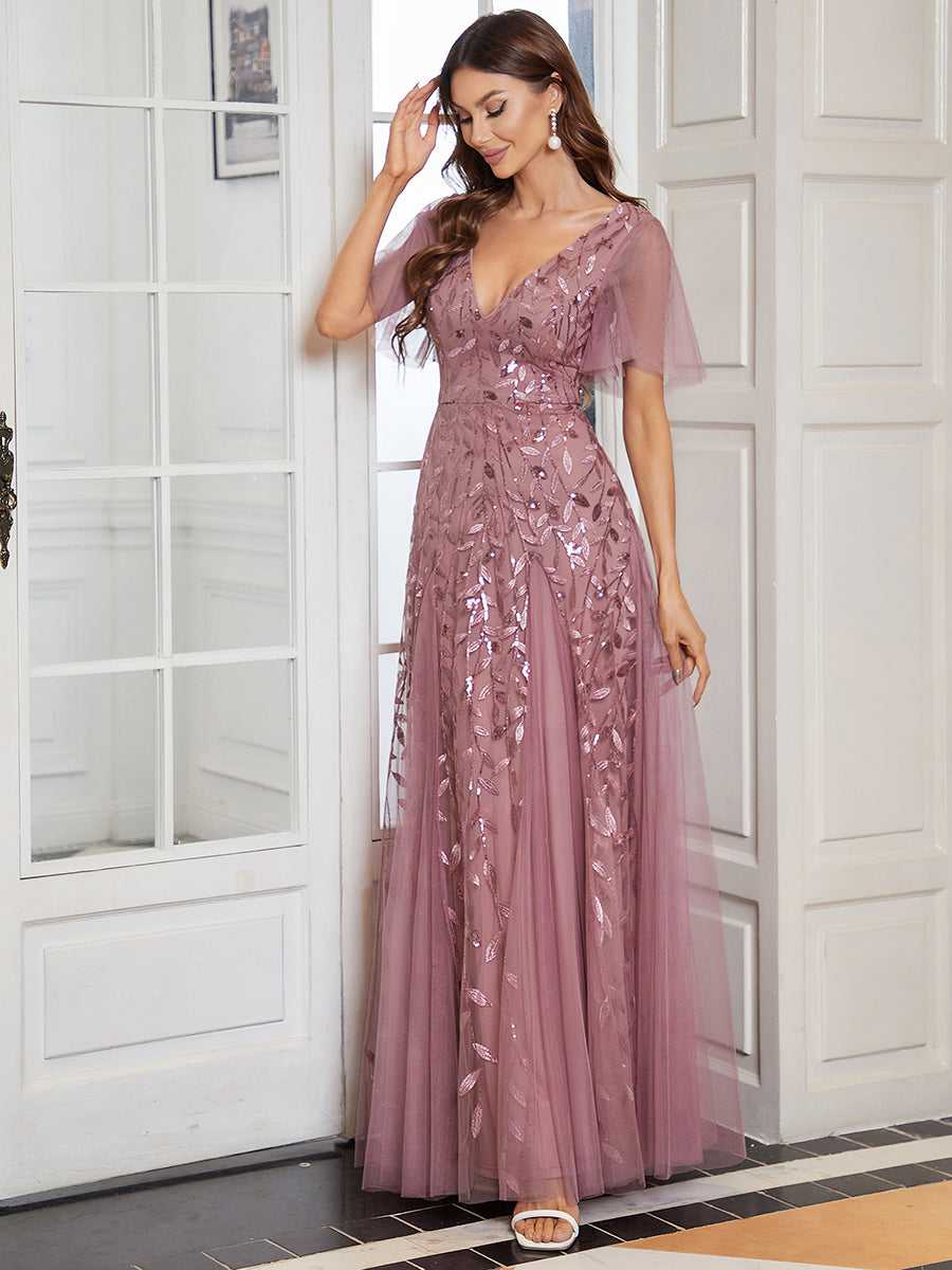 Color=Purple Orchid | One Stop Shop Short Sleeve Ruffle Sequin Deep V-Neck A-Line Floor Length Evening Dresses-Purple Orchid 94