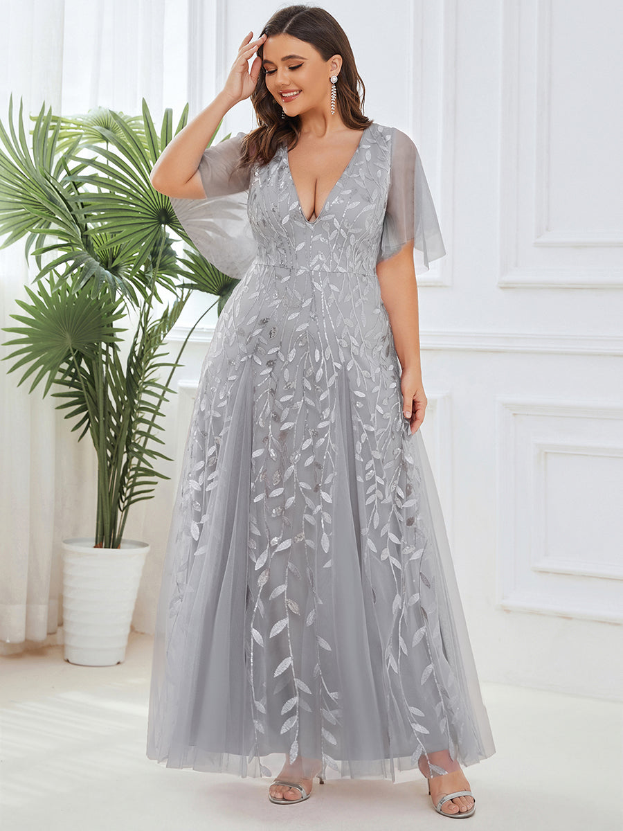 Color=Silver | One Stop Shop Short Sleeve Ruffle Sequin Deep V-Neck A-Line Floor Length Evening Dresses-Silver 110