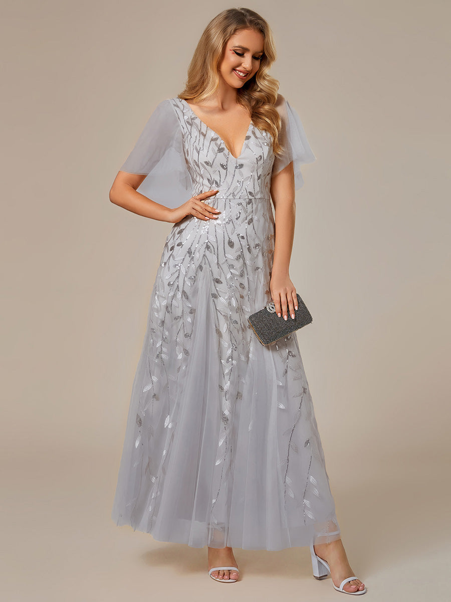 Color=Silver | One Stop Shop Short Sleeve Ruffle Sequin Deep V-Neck A-Line Floor Length Evening Dresses-Silver 104