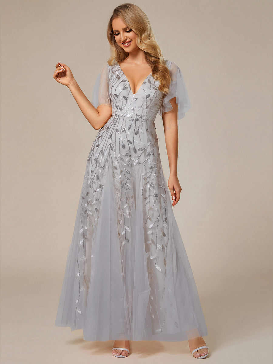 Color=Silver | One Stop Shop Short Sleeve Ruffle Sequin Deep V-Neck A-Line Floor Length Evening Dresses-Silver 105