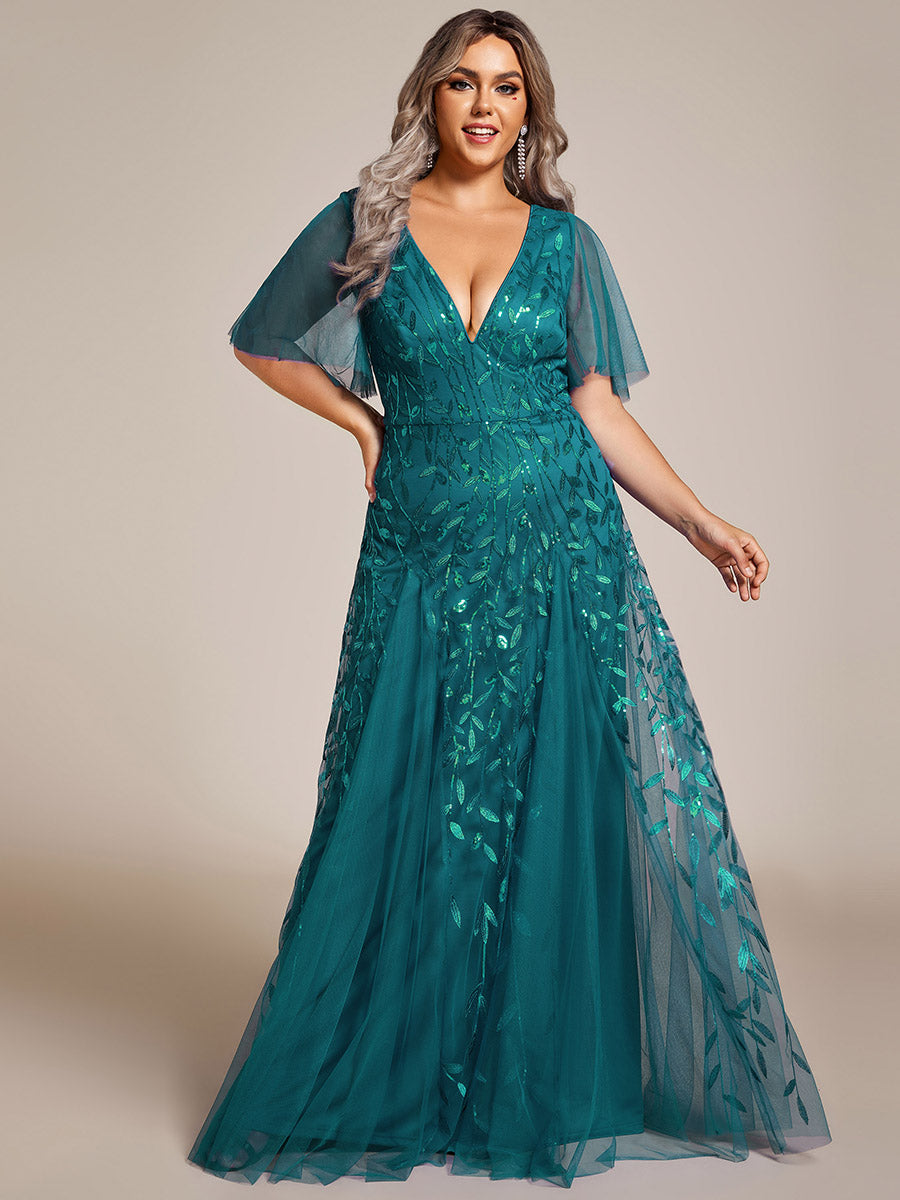 Color=Teal | One Stop Shop Short Sleeve Ruffle Sequin Deep V-Neck A-Line Floor Length Evening Dresses-Teal 116