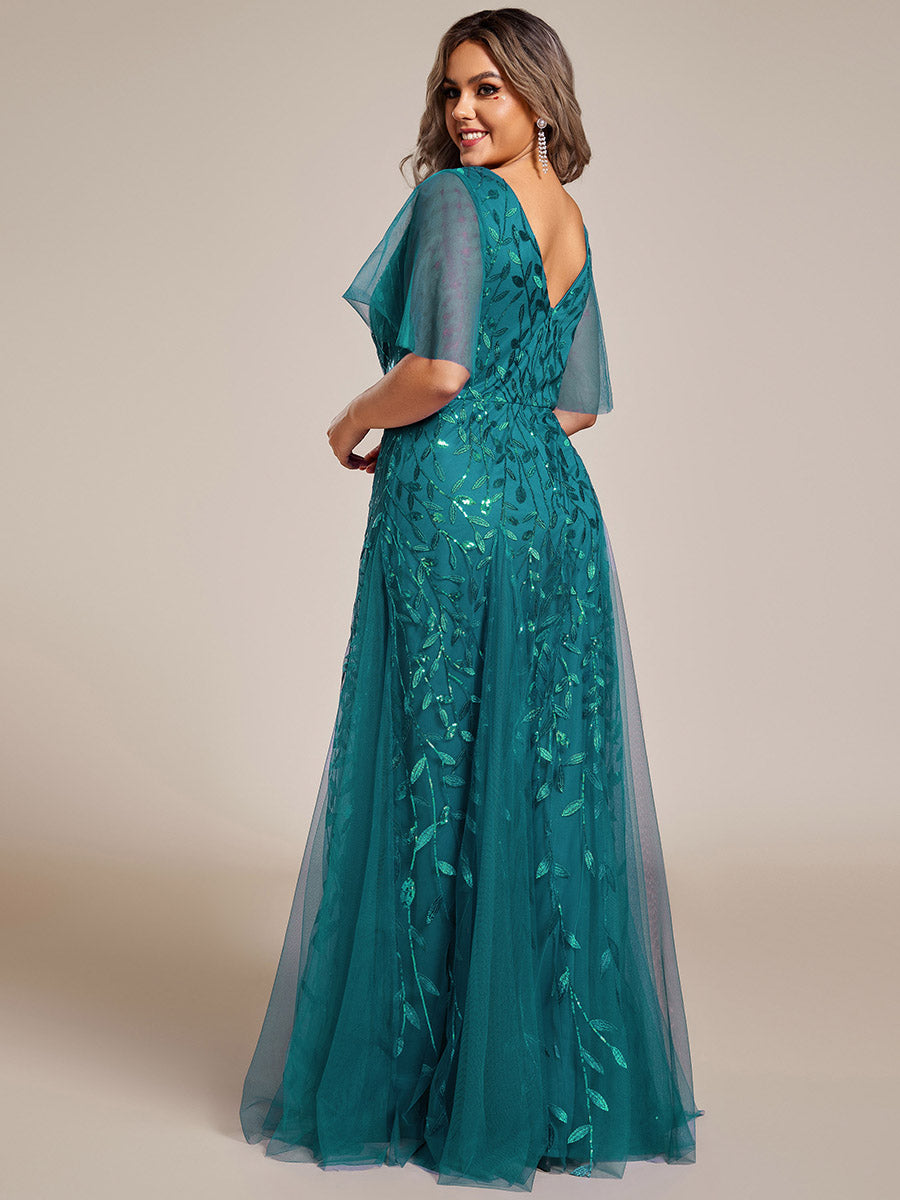 Color=Teal | One Stop Shop Short Sleeve Ruffle Sequin Deep V-Neck A-Line Floor Length Evening Dresses-Teal 117
