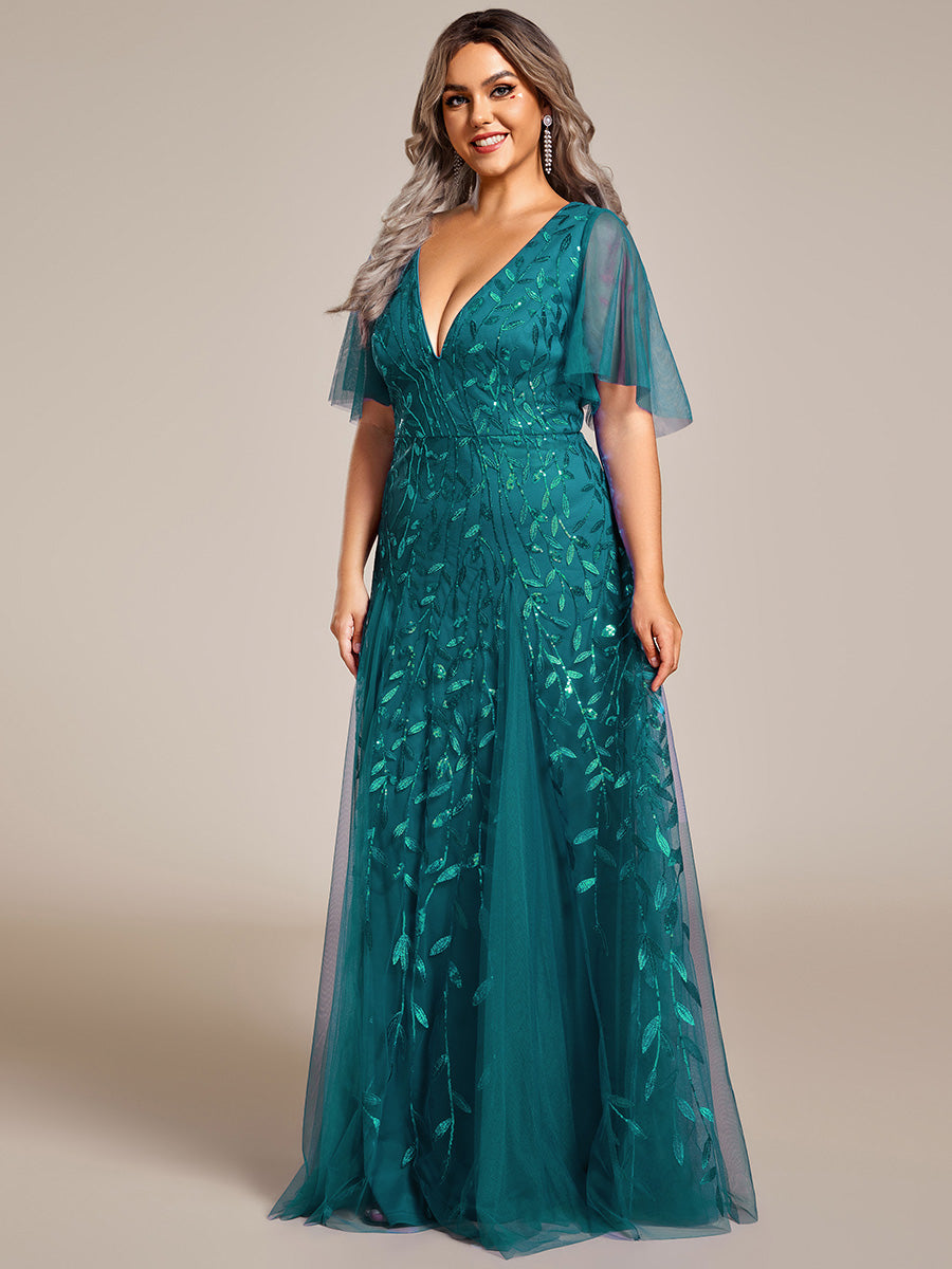 Color=Teal | One Stop Shop Short Sleeve Ruffle Sequin Deep V-Neck A-Line Floor Length Evening Dresses-Teal 119