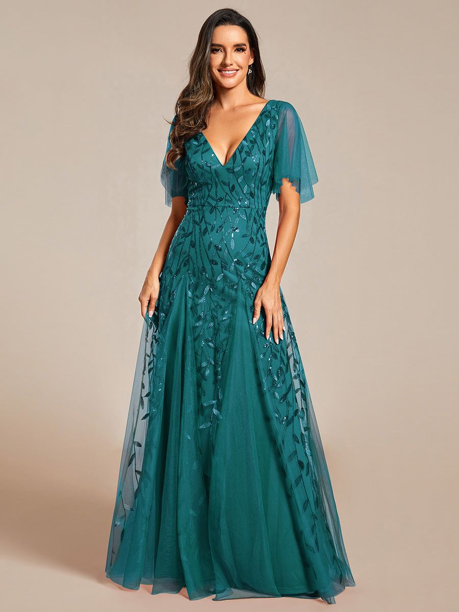 Color=Teal | One Stop Shop Short Sleeve Ruffle Sequin Deep V-Neck A-Line Floor Length Evening Dresses-Teal 111