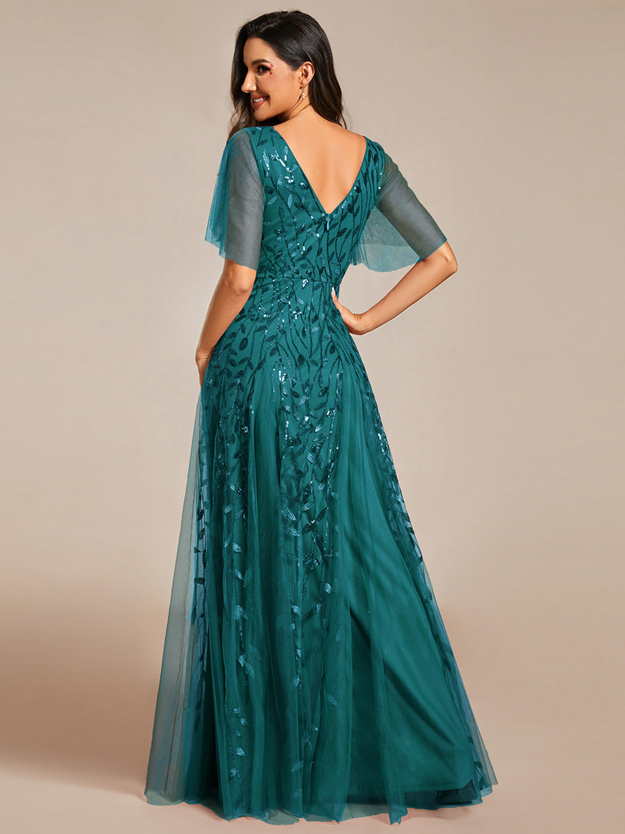 Color=Teal | One Stop Shop Short Sleeve Ruffle Sequin Deep V-Neck A-Line Floor Length Evening Dresses-Teal 112