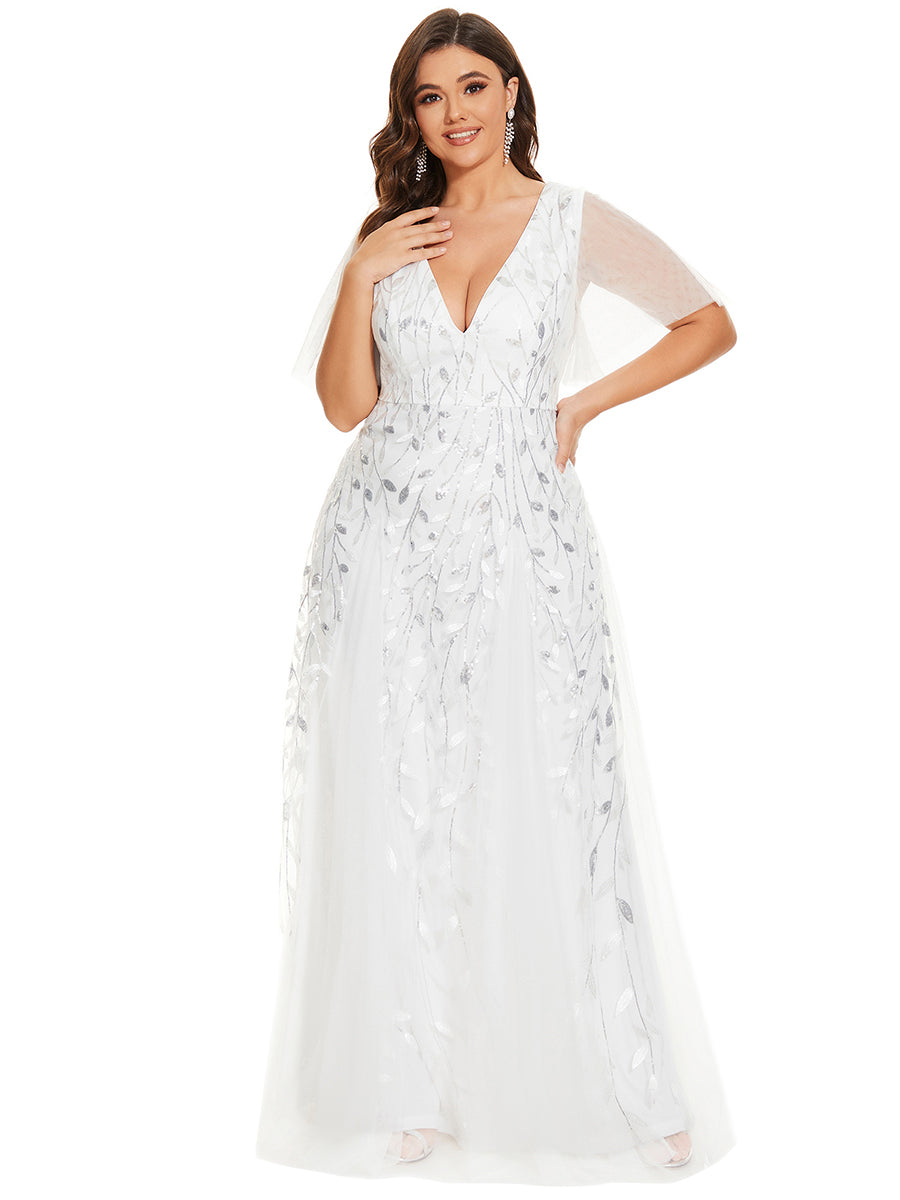 Color=White | One Stop Shop Short Sleeve Ruffle Sequin Deep V-Neck A-Line Floor Length Evening Dresses-White 126