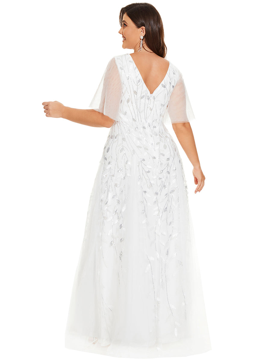 Color=White | One Stop Shop Short Sleeve Ruffle Sequin Deep V-Neck A-Line Floor Length Evening Dresses-White 127