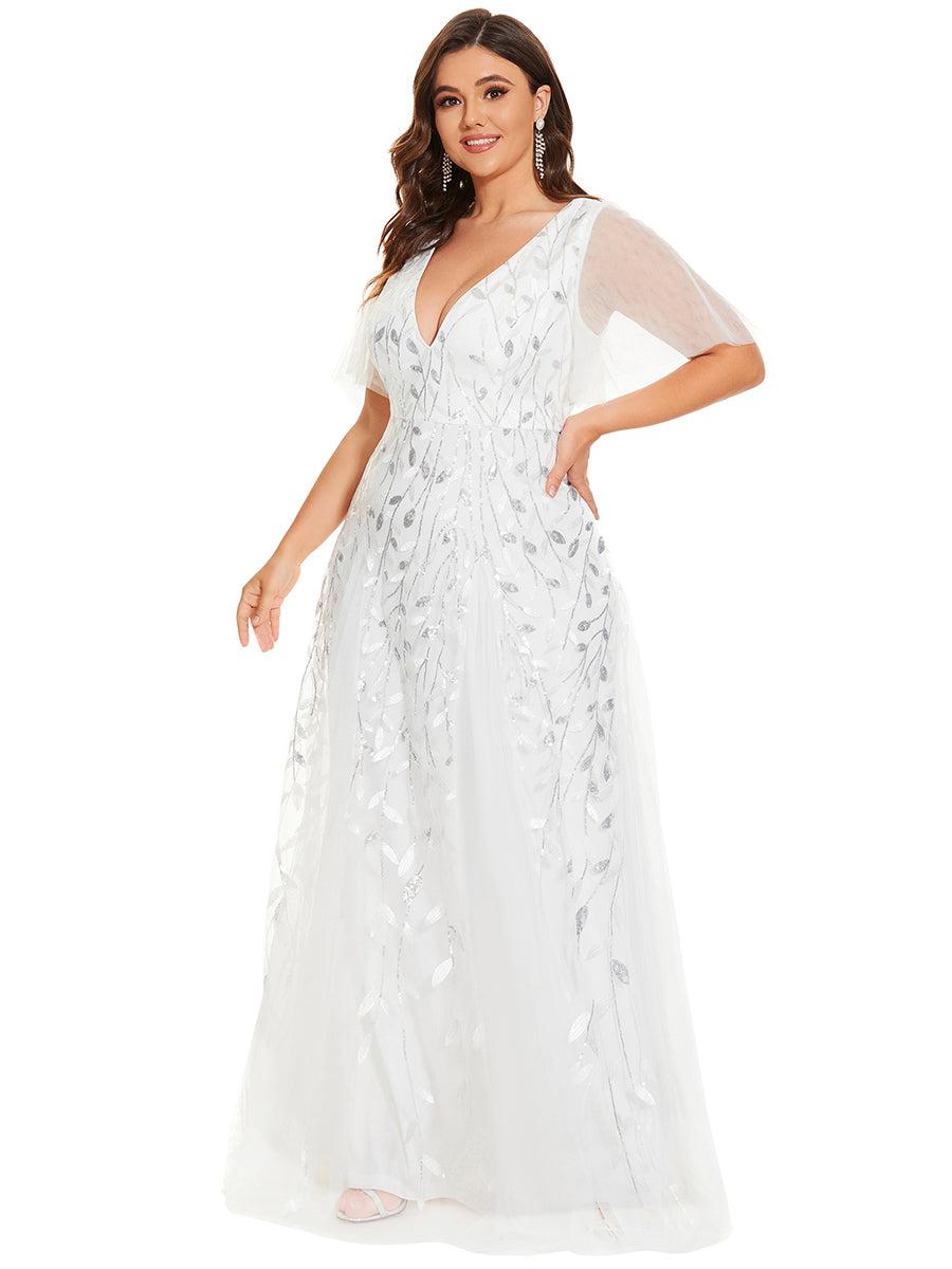 Color=White | One Stop Shop Short Sleeve Ruffle Sequin Deep V-Neck A-Line Floor Length Evening Dresses-White 129