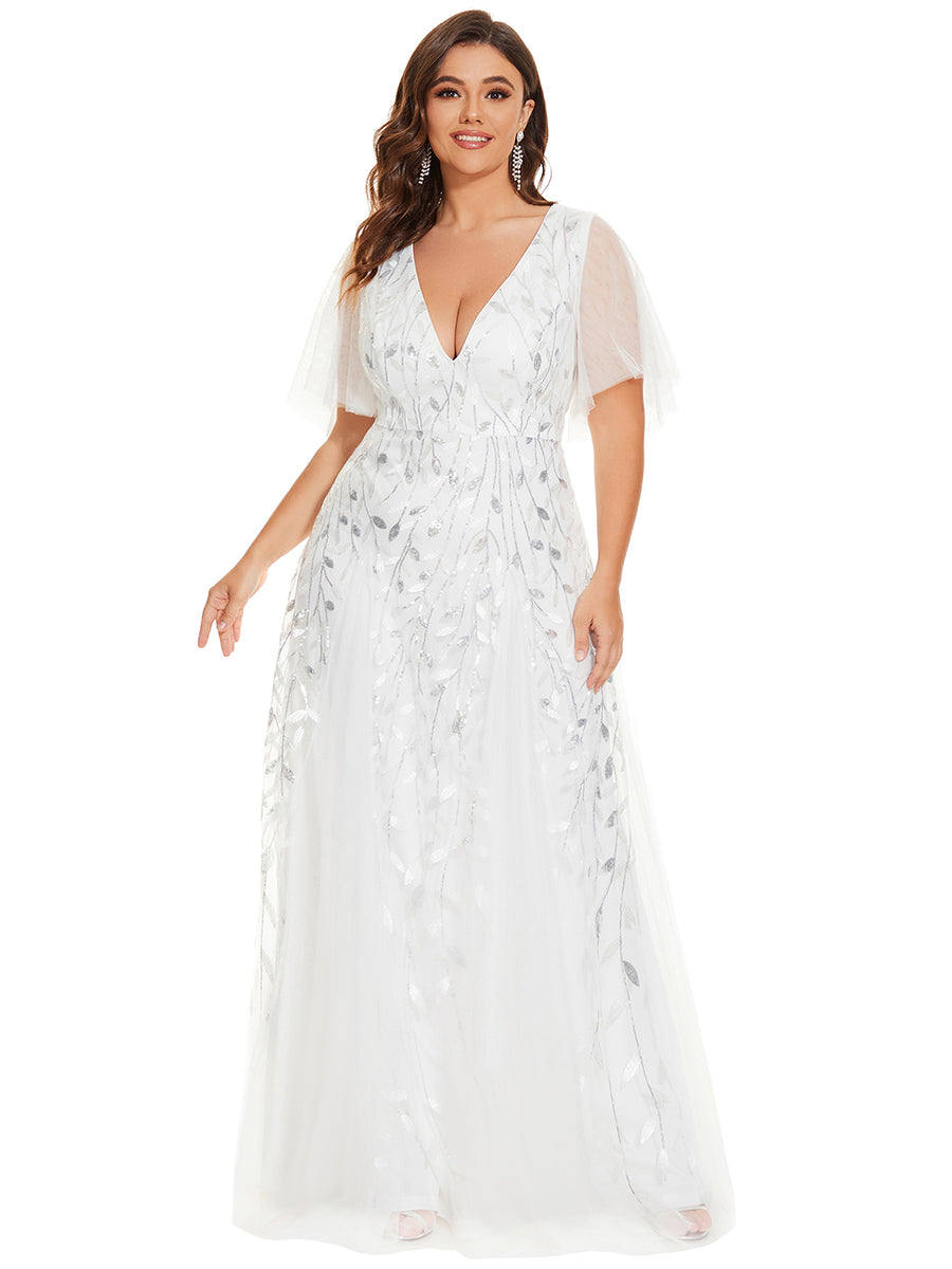 Color=White | One Stop Shop Short Sleeve Ruffle Sequin Deep V-Neck A-Line Floor Length Evening Dresses-White 130