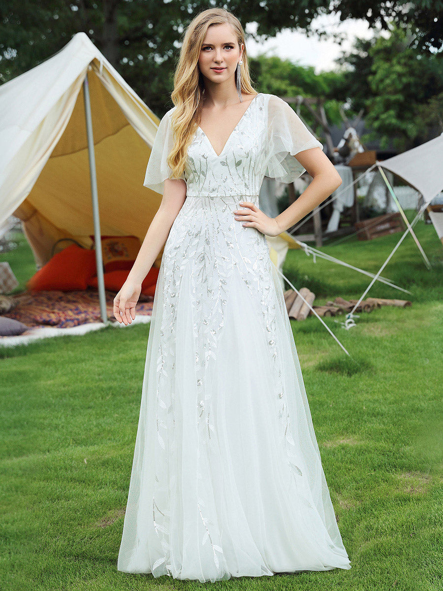 Color=White | One Stop Shop Short Sleeve Ruffle Sequin Deep V-Neck A-Line Floor Length Evening Dresses-White 121