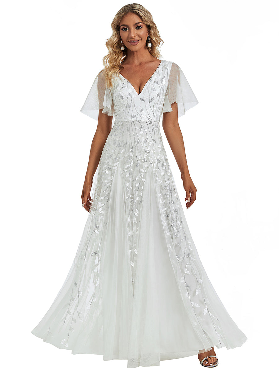 Color=White | One Stop Shop Short Sleeve Ruffle Sequin Deep V-Neck A-Line Floor Length Evening Dresses-White 13